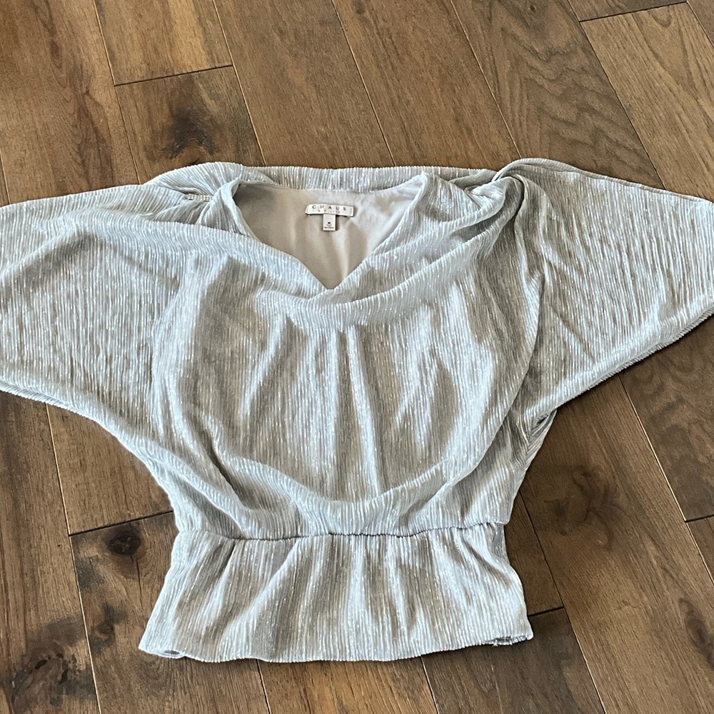 Chaus Light Gray Pleated V-Neck Women's Blouse